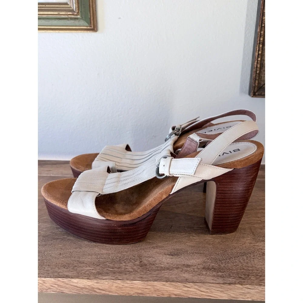 Biviel Italian‎ Cream Leather Pleated Platform Block Heel Slingback Sandals 39